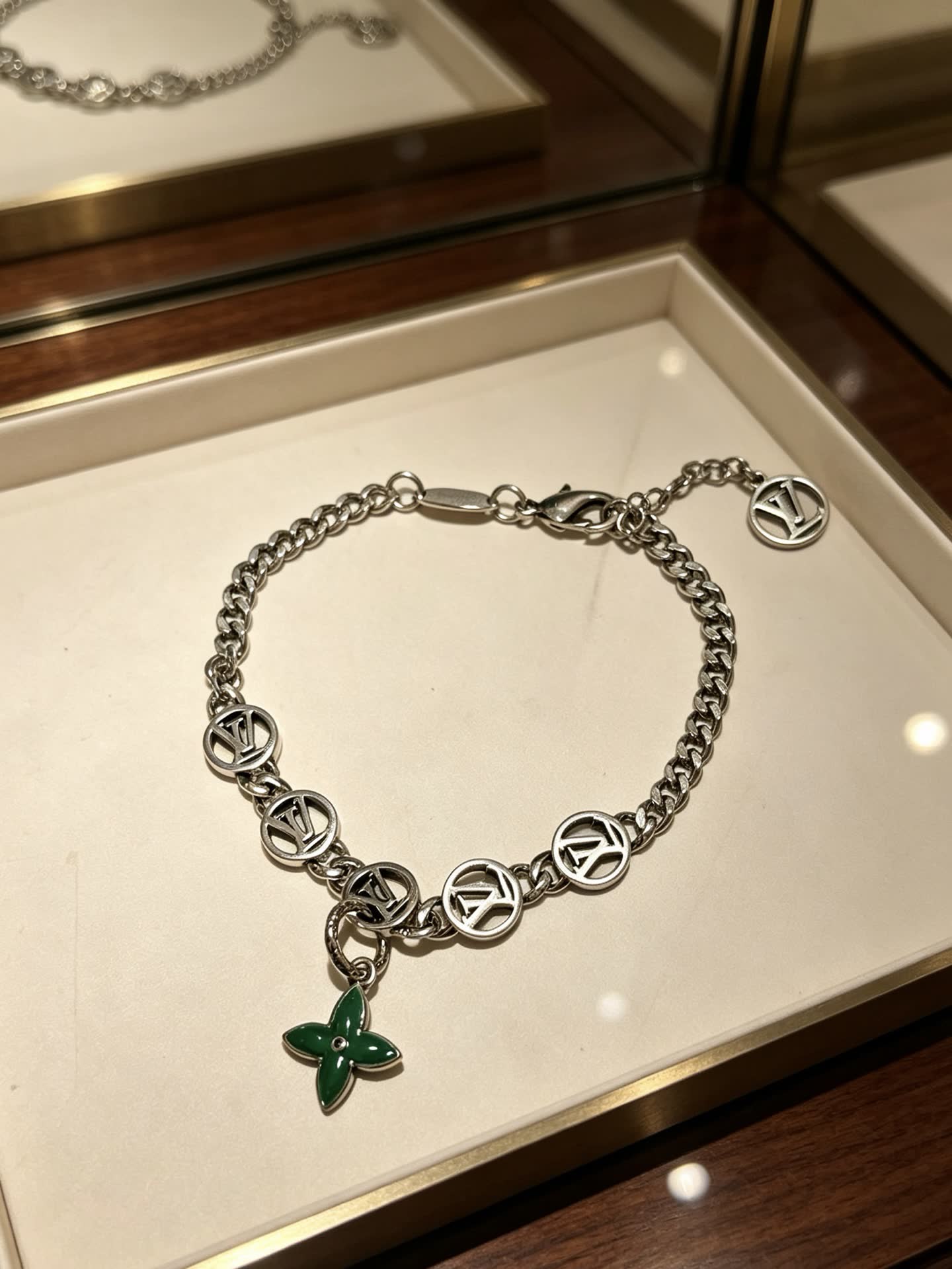 Louis Vuitton Silver Bracelet with Green Enamel Flower